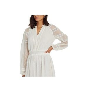 Ralph Lauren Black Label White Swiss Dot Lace V Neck Long Sleeve Midi Dress sz12